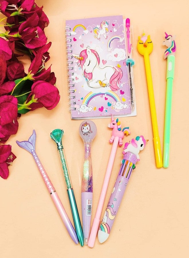 Tera13 TERA 13 Unicorn Pen Set for Girls (Pack of 8 Items) Return Gifts Gel Pen, Glitter Pen, Ball Pen, Multicolor Pen, Birthday Gifts Small Diary for Kids & Girls - Image 2